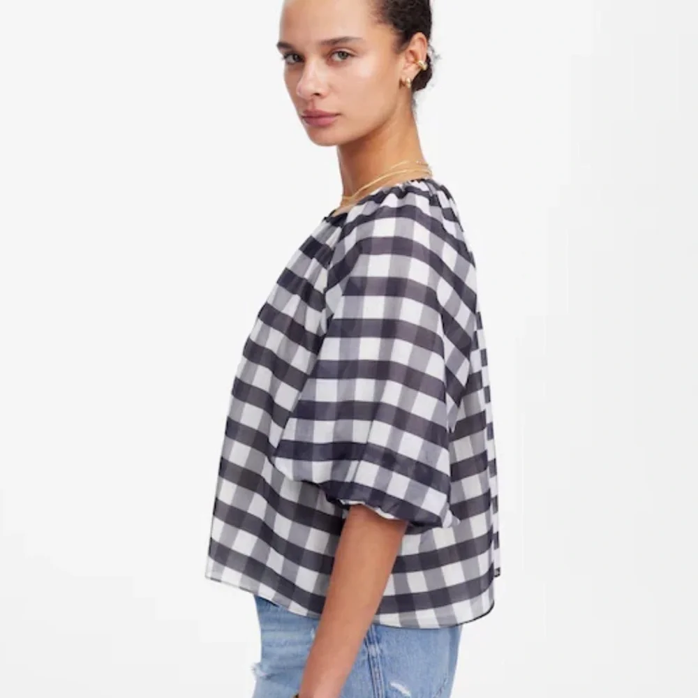 Madewell Bubble-Sleeve Top black white plaid